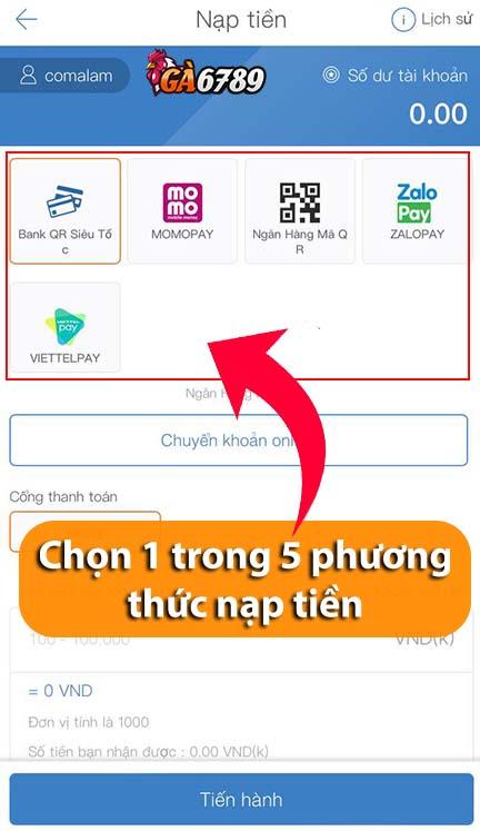 Chọn vào 1 trong 5 phương thức nạp tiền