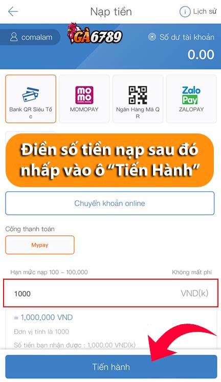 Điền số tiền nạp sau đó nhấp vào ô Tiến Hành để tiếp tục